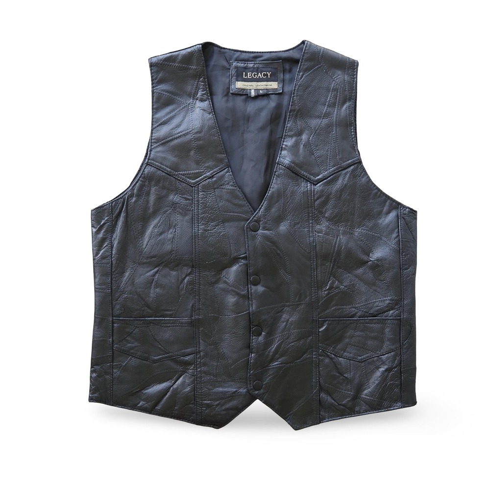 Legacy Patchwork Genuine Leather Vest Mens L Black Snap Front Biker Motorcycle
